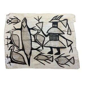 Vintage African Korhogo Hand Painted Woven Mud Cloth 33.5 X 26.5 Inches Artwork